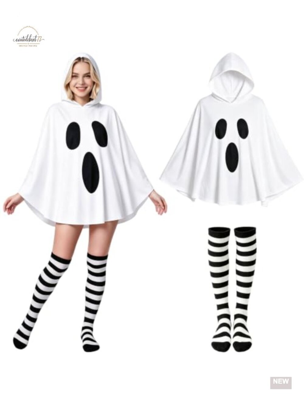 Women's Ghost Poncho Halloween Costume Hooded Cape with Knee-High Socks